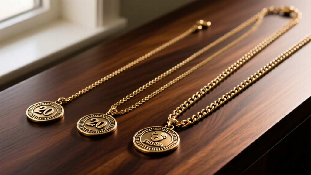 Flat lay of three chain lengths, 20, 24, and 30 inches, holding identical brass Austin Powers medallions on a dark wood surface.