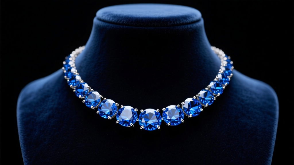 Blue diamond tennis necklace on dark velvet bust, vivid blue round stones in platinum prong settings under soft studio lighting