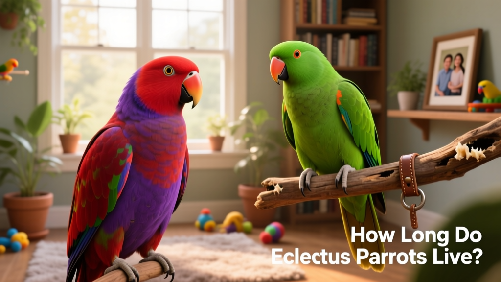 Side-by-side comparison showing a vivid red-and-purple female eclectus parrot next to a bright green male