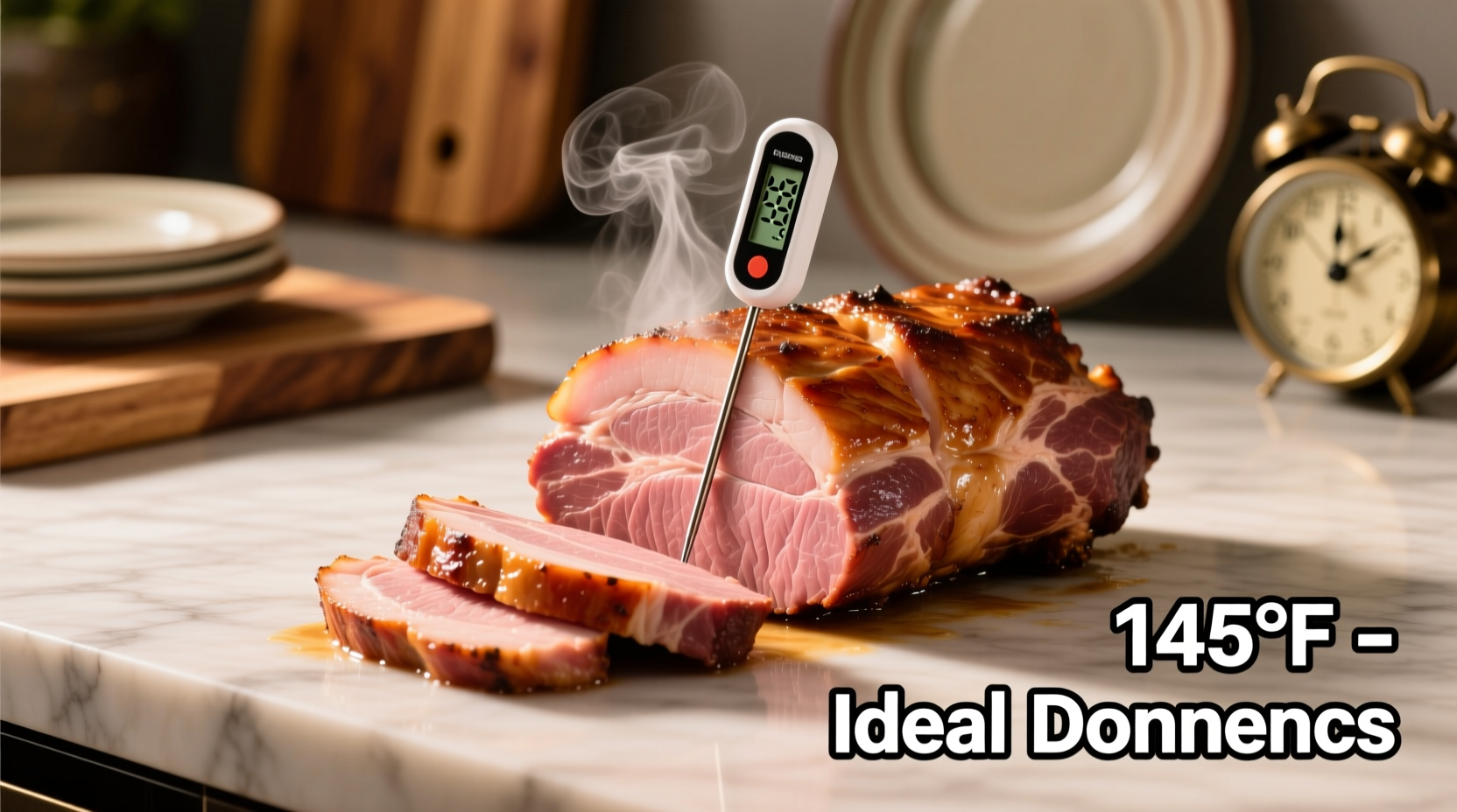 Perfectly cooked pork loin with internal temperature reading