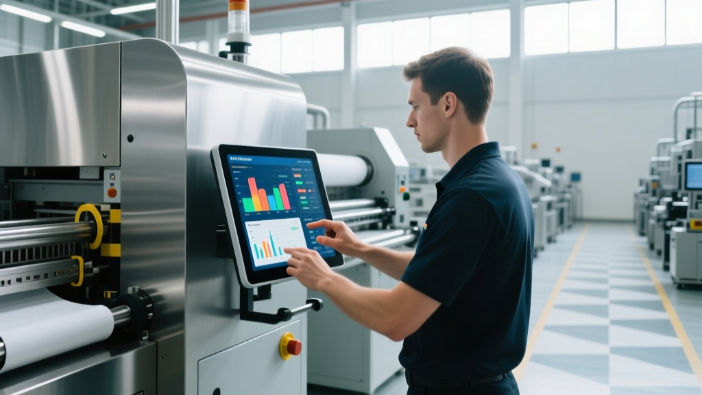 Operator interacting with a 21.5-inch capacitive touchscreen HMI on a modern roll-fed thermoforming machine in a packaging plant.