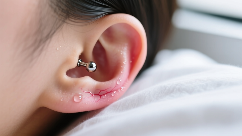 Close-up of a freshly pierced earlobe wearing an implant-grade titanium stud, resting against soft clean cotton bedding