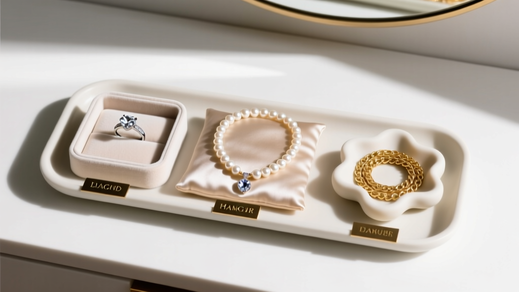 Overhead view of a vanity tray with separate zones for diamond rings, pearl necklaces, and gold chains to prevent gem scratching.