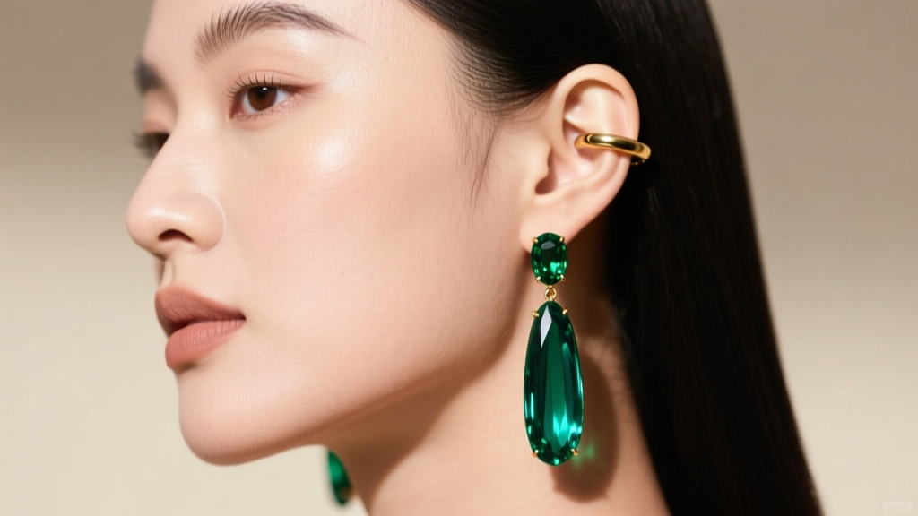 Side profile of a woman with a round face wearing elongated green amethyst dangle earrings and a minimalist gold ear cuff.