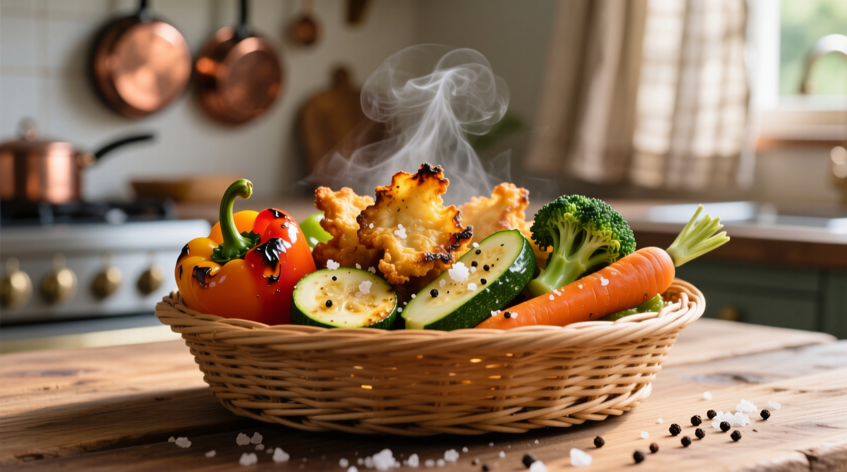 Crispy air fried vegetables in basket