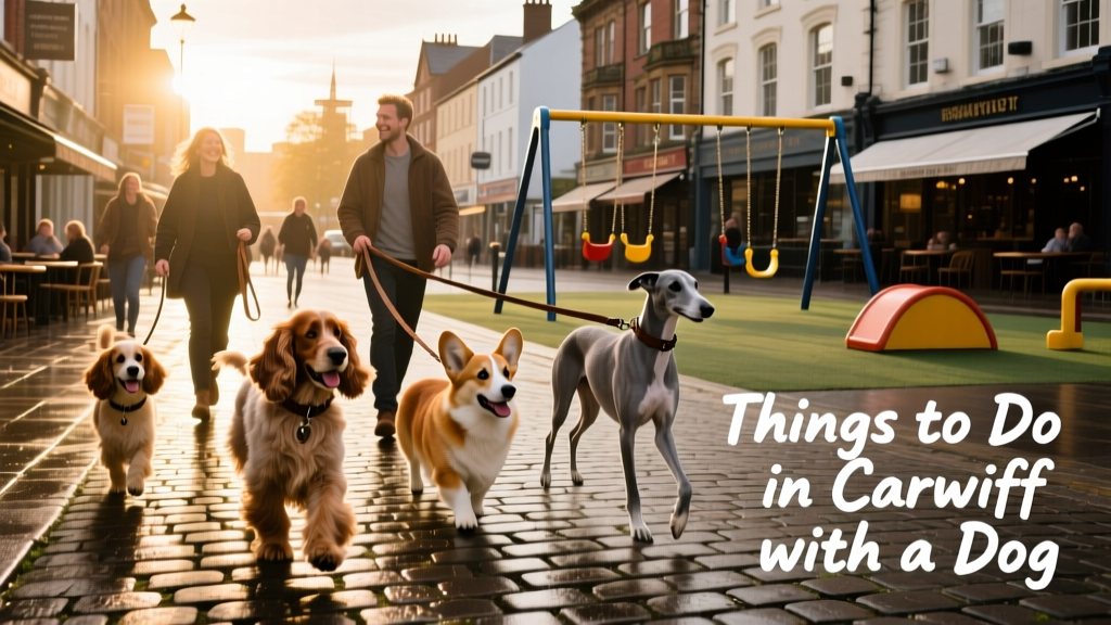 Vibrant streets of Cardiff city centre with dogs walking alongside their owners