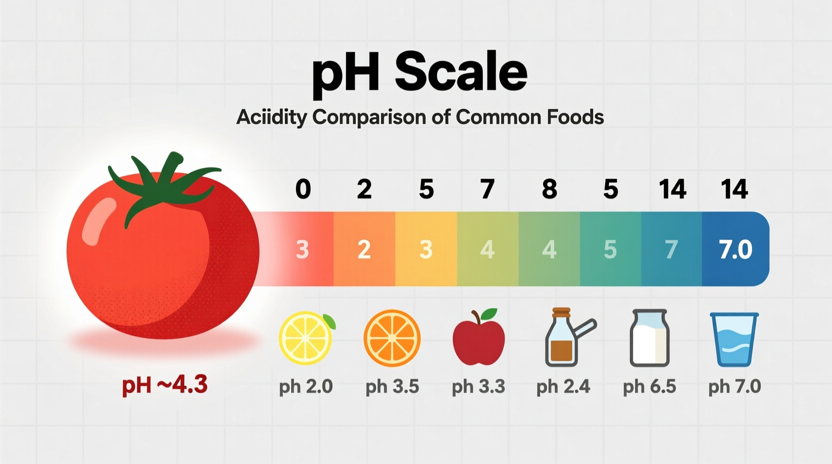 pH scale showing tomato acidity compared to common foods