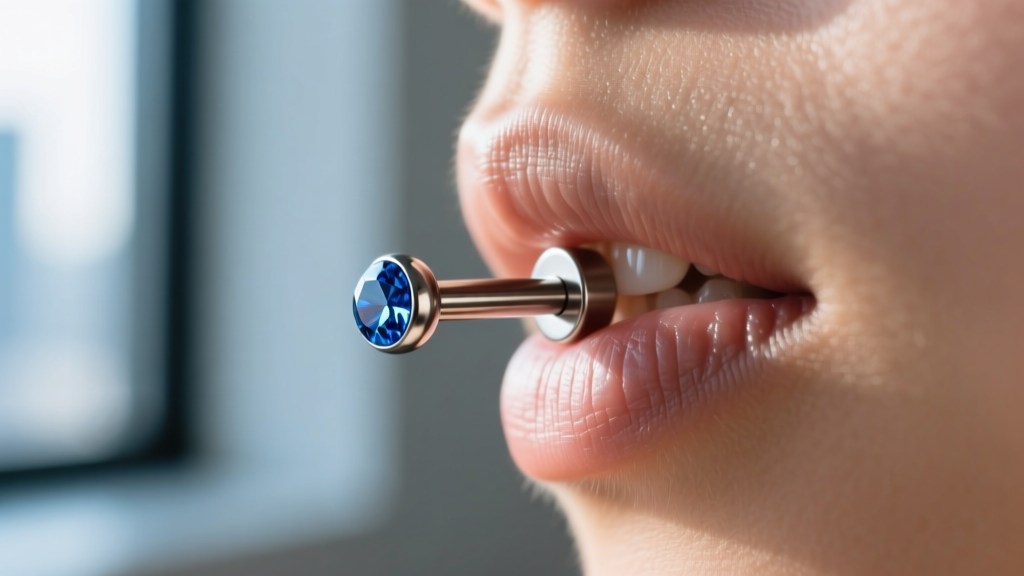 Profile of a cartilage piercing with a 16g titanium labret and 3mm sapphire ball end, illuminated by bright natural window light