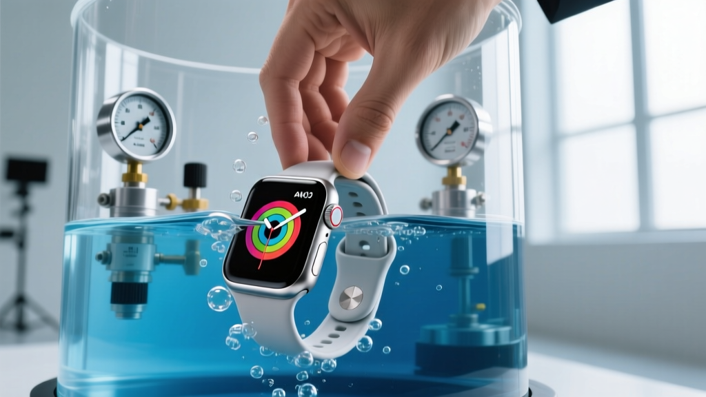 Technician submerging smartwatches in a pressurized water tank to verify IP68 and 10ATM water resistance ratings for our review