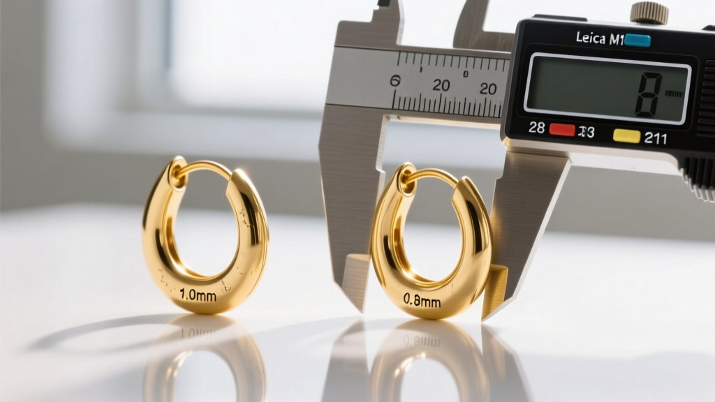 Macro shot of 18-gauge and 20-gauge gold hoop earring posts, with a digital caliper measuring the exact millimeter wire thickness