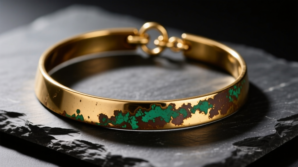 Tarnished gold-plated brass metal choker necklace on dark slate, showing green oxidation near the small lobster clasp mechanism.