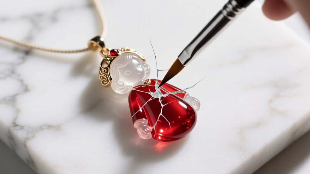 Top-down view of a fine-tipped brush applying vibrant red jewelry-grade epoxy resin to a damaged section of a character pendant.