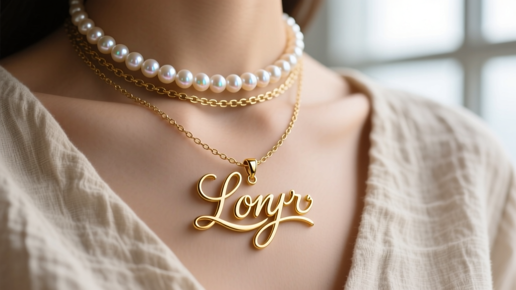 Solid 14k gold romantic script pendant layered with a pearl choker and delicate satellite chain over a neutral linen fabric top.