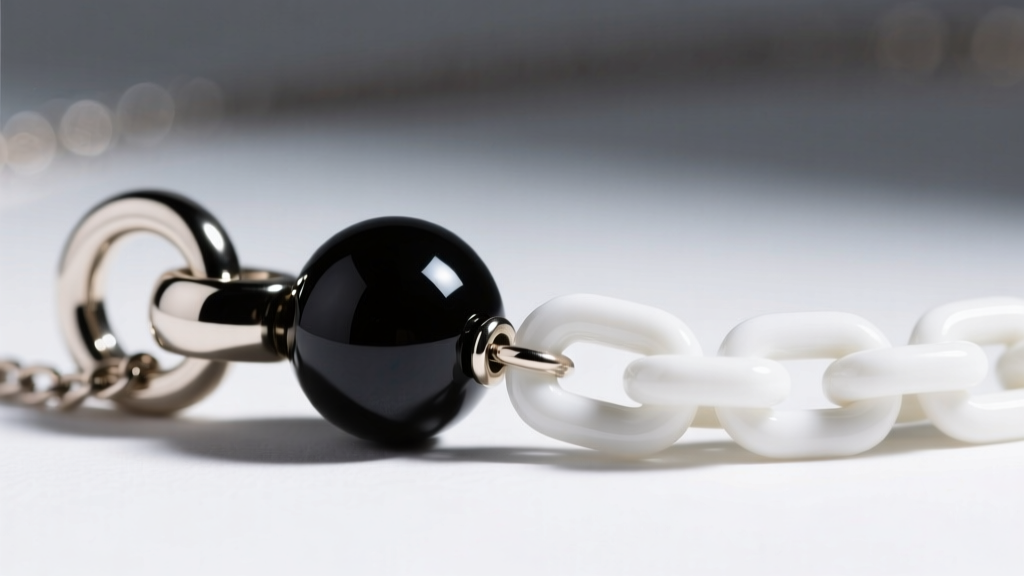 Close-up of a magnetic neodymium clasp with a delicate safety chain on a thick black onyx and white enamel chain link necklace.