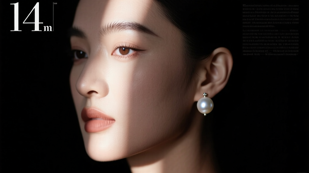 Chiaroscuro-lit portrait of a model wearing a single 14mm white South Sea pearl drop earring against a dark, moody background