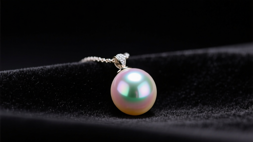 Mother of pearls necklace pendant on dark velvet, showing iridescent pink and green overtones under soft studio lighting