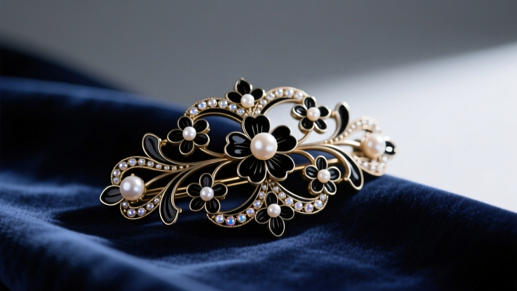 Macro shot of a Victorian palette-work hair brooch with woven floral motifs, black enamel, and seed pearls on dark velvet fabric.