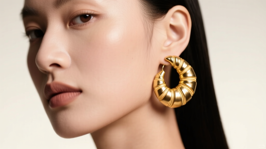 Close-up of a model wearing medium 14k gold croissant hoop earrings, soft studio lighting highlighting the puffy, hollow texture.