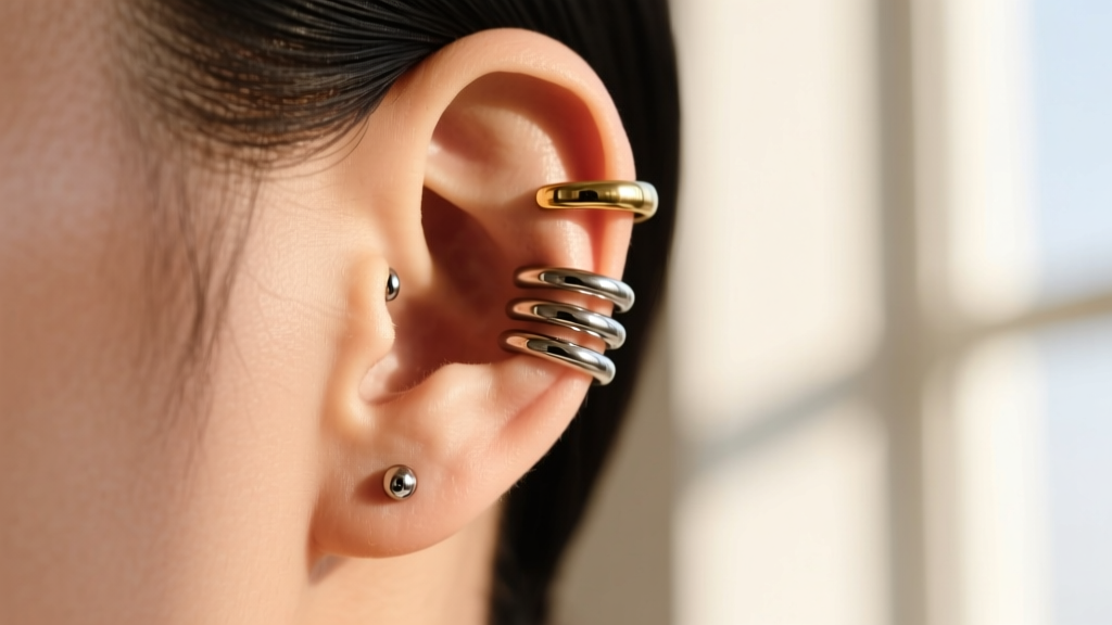 Side profile of an ear featuring a stacked cartilage piercing with three 16-gauge titanium hoops and a minimalist gold ear cuff