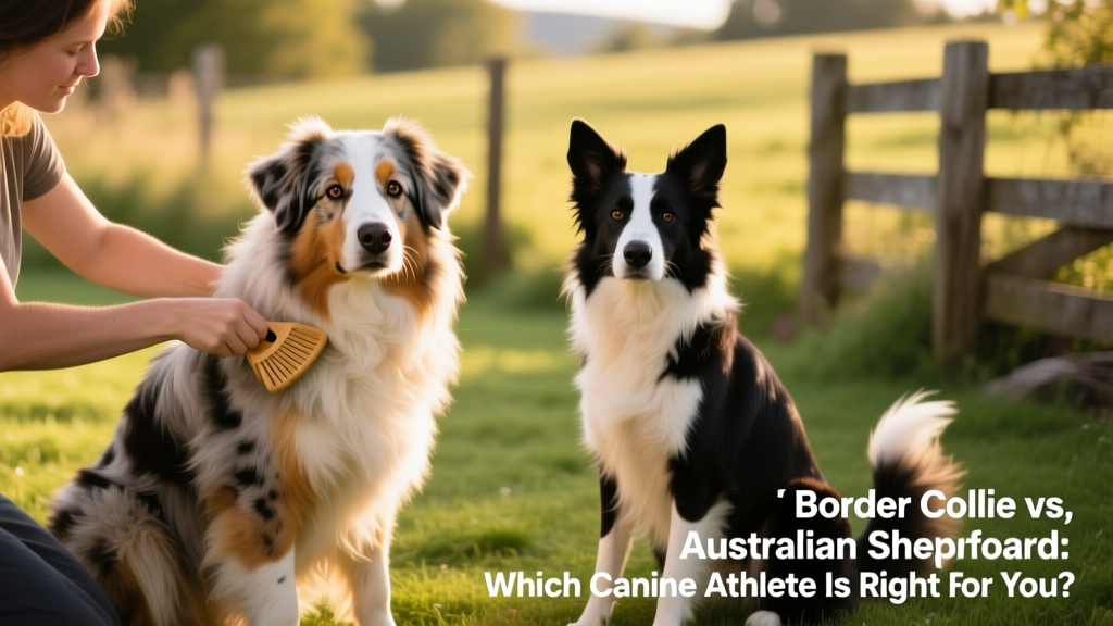 A person brushing a fluffy Australian Shepherd while a Border Collie sits nearby