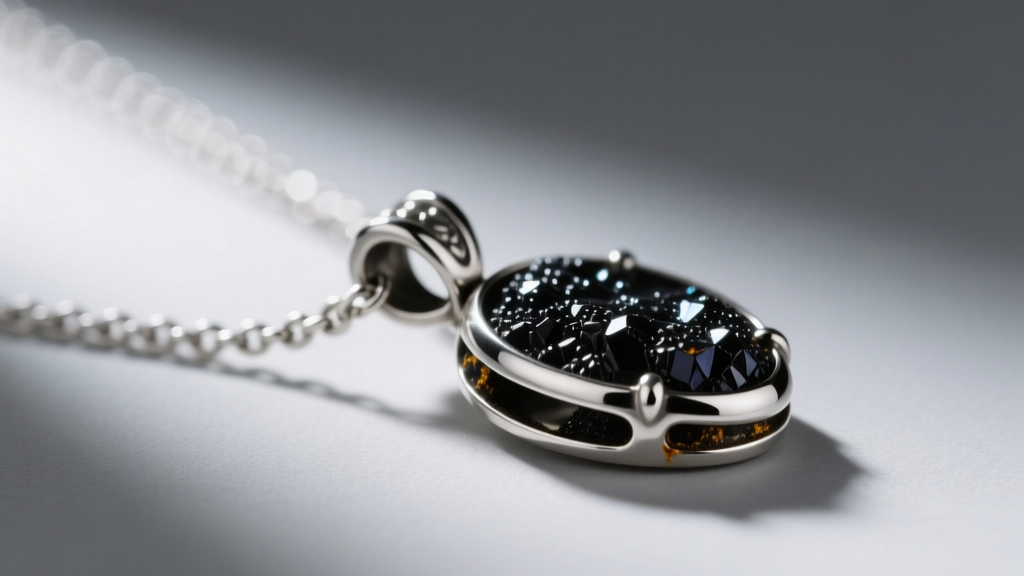 Extreme close-up of a silver necklace clasp showing dark black sulfur tarnish buildup where a mixed-metal vintage pendant rests.