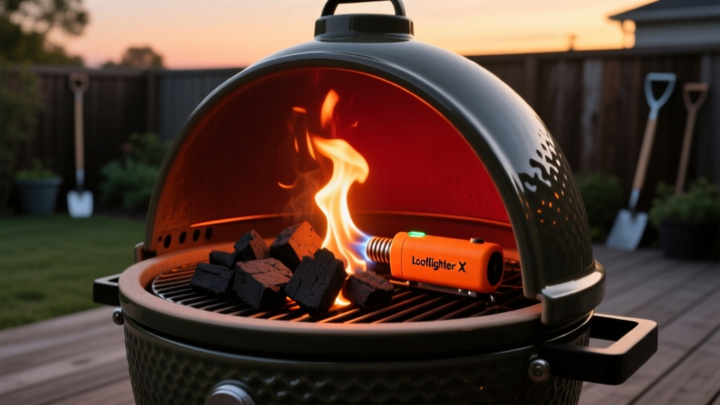 Close-up of a glowing orange Looftlighter X electric charcoal starter igniting lump charcoal in a ceramic kamado grill at dusk