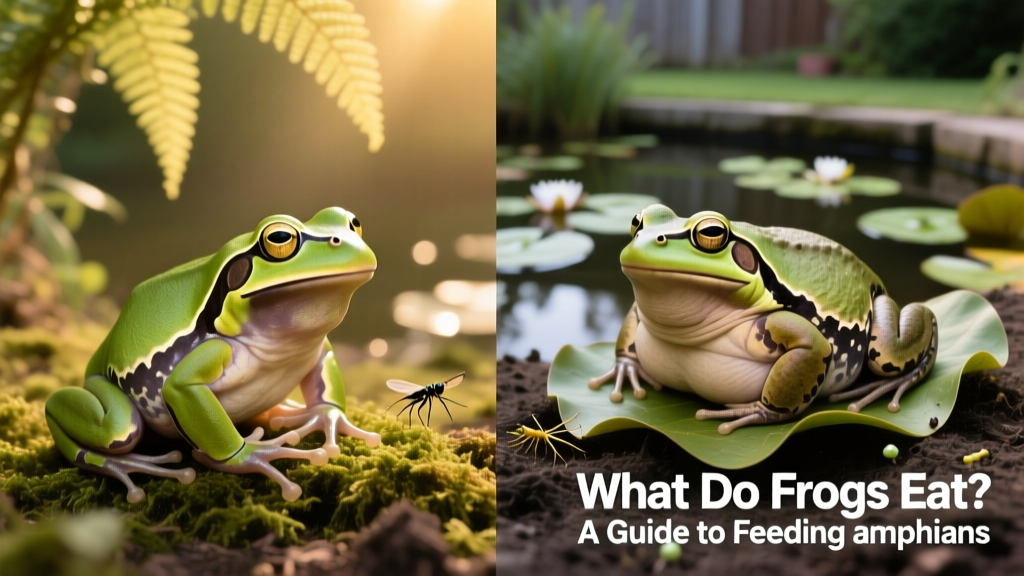 Side-by-side comparison: healthy frog with clear eyes and smooth skin vs. overweight frog with bulging sides and lethargy