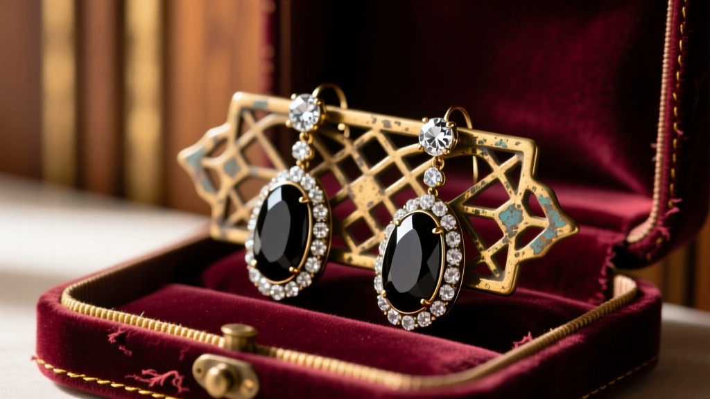 1920s Art Deco diamond and onyx drop earrings resting on a tarnished brass vintage earring holder lined with faded velvet