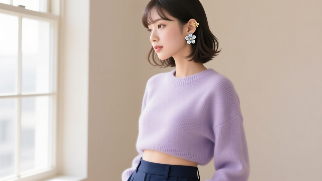 Side profile of a woman wearing miniature 10mm surgical steel Hanafuda stud earrings, showcasing subtle everyday anime fashion