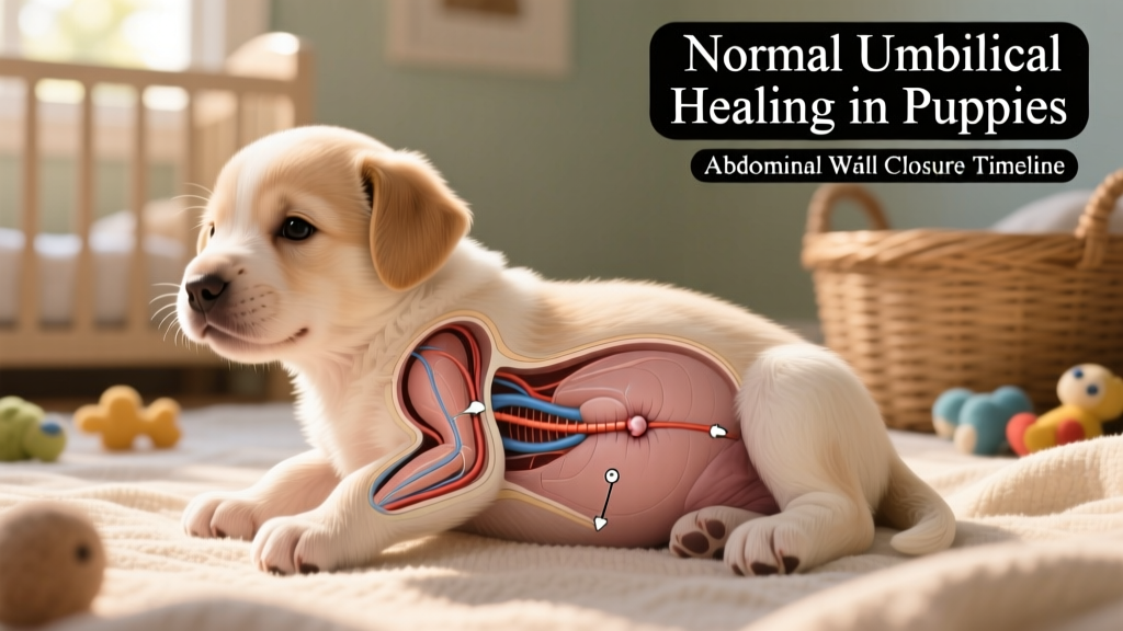 Diagram showing normal umbilical cord detachment and abdominal wall closure in puppies