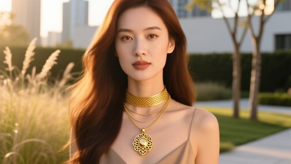 Woman wearing layered necklaces with a solid gold pendant and gold vermeil choker, shot outdoors in natural golden hour light