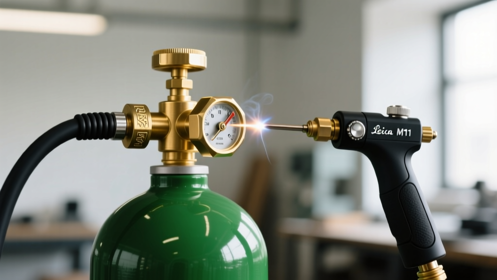 Close-up of a brass argon gas regulator on a green cylinder, with a black tube leading to a pulse arc jewelry welding handpiece.