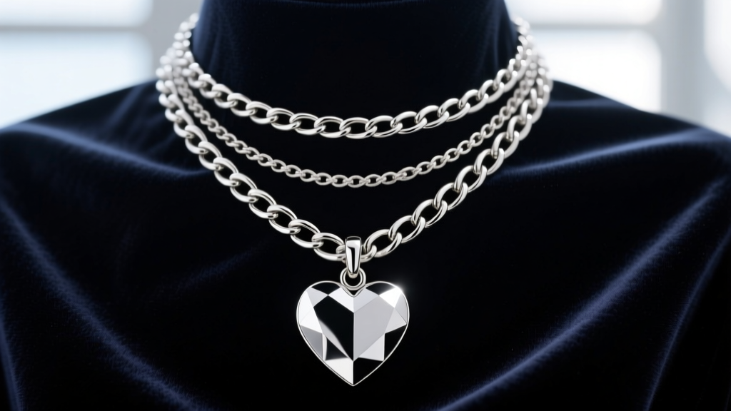 Layered silver necklace stack with a Figaro chain and chunky heart pendant, styled with Y2K aesthetic on dark velvet.