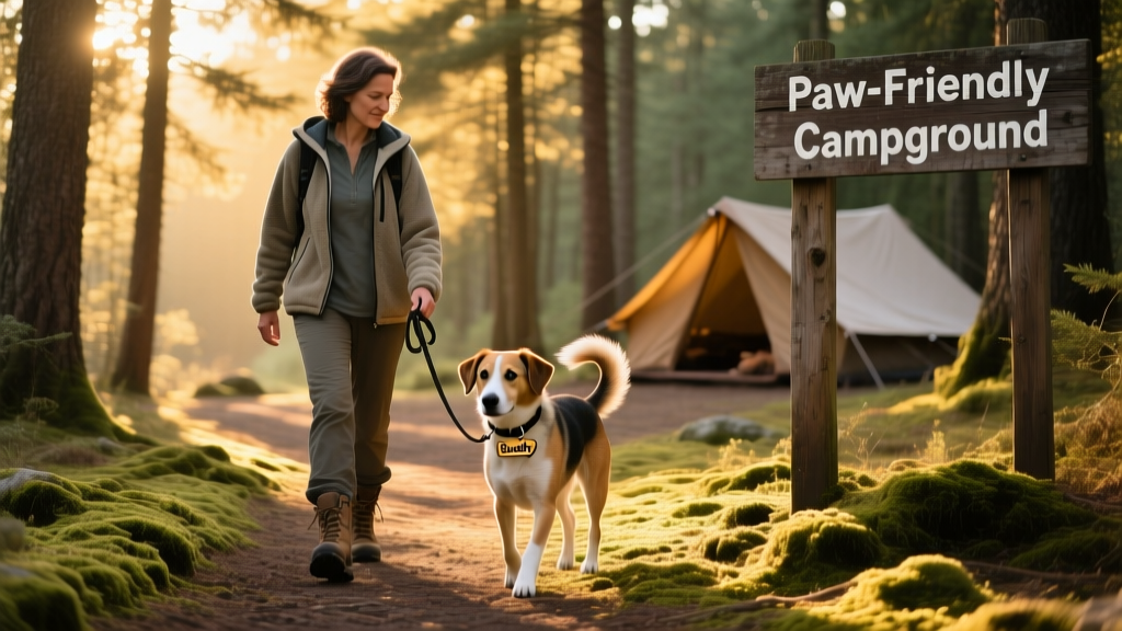 A person and their dog walking side-by-side along a sun-dappled forest trail near a campsite