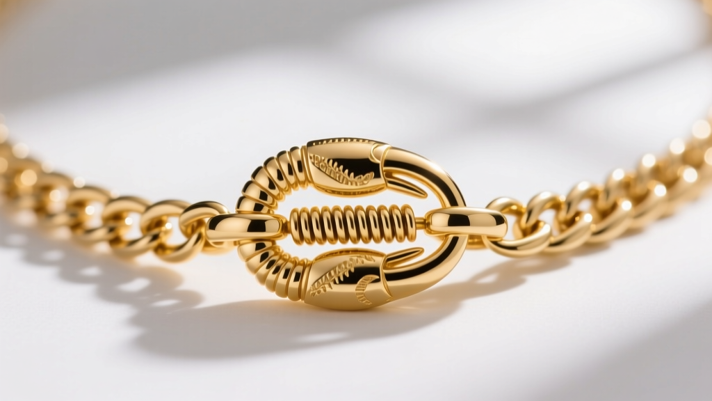 Macro photography of a heavy-duty 18k gold lobster clasp securing a thick chain bib necklace, showing the spring mechanism clearly.