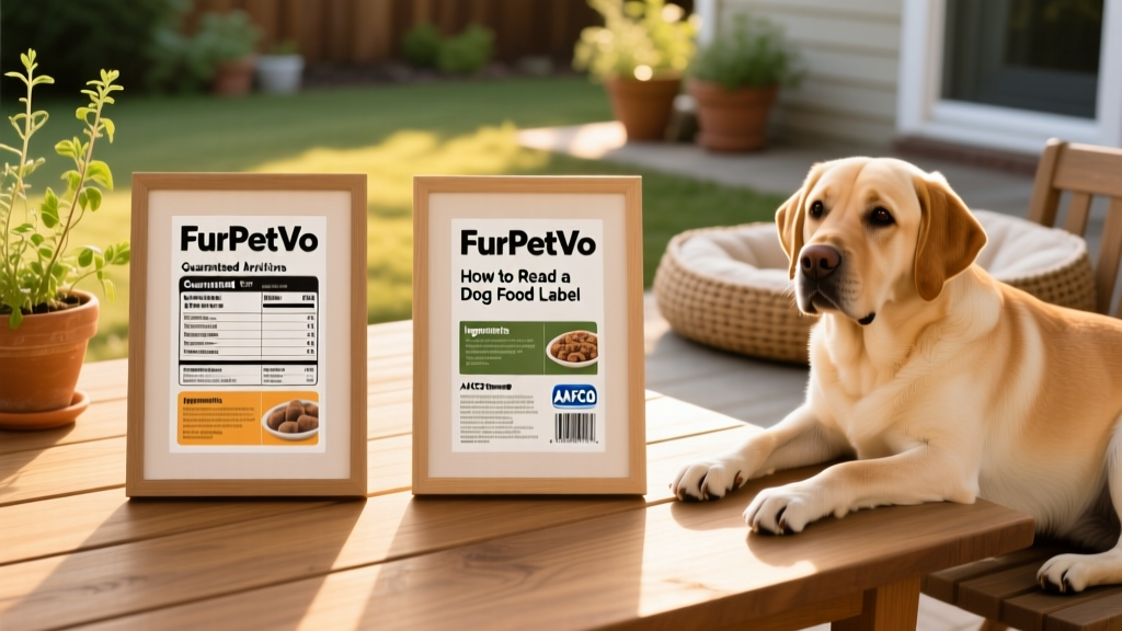 Side-by-side comparison of two FurPetVo food labels highlighting key sections: guaranteed analysis, ingredients list, and AAFCO statement