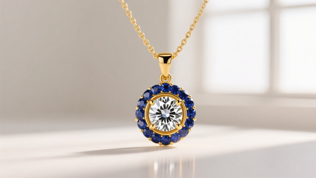 A 14k yellow gold pendant with a 0.50ct round diamond surrounded by a blue sapphire halo on a delicate chain, lit softly.