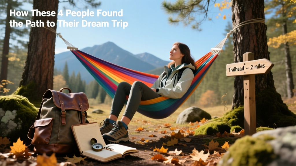A solo female hiker relaxing in a colorful hammock in the forest