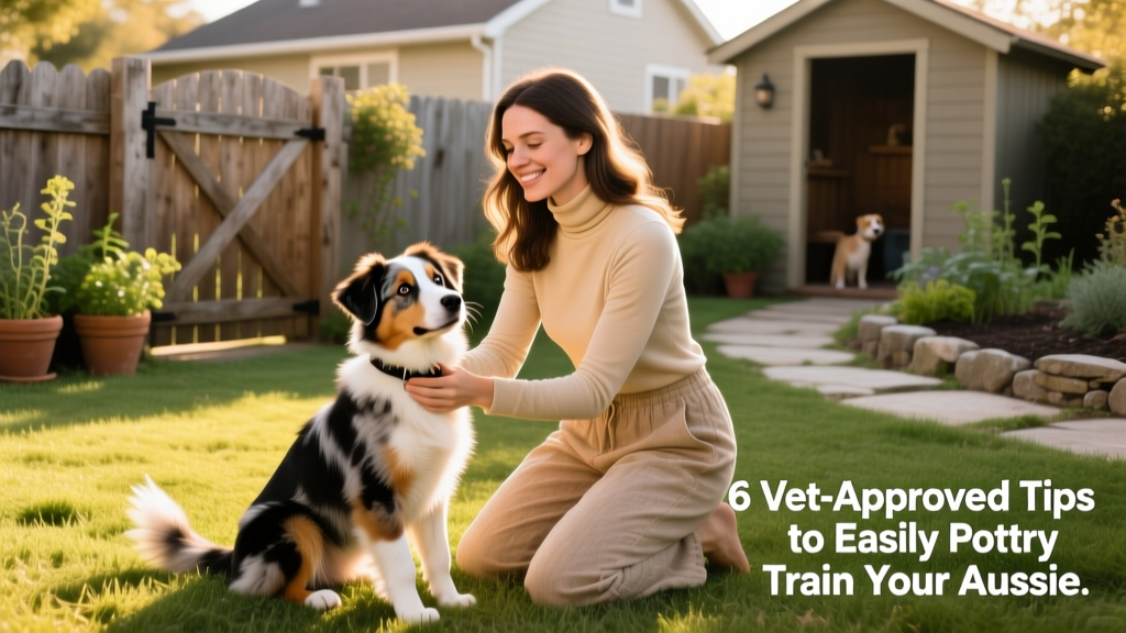 A young woman teaching australian shepherd puppy to stay