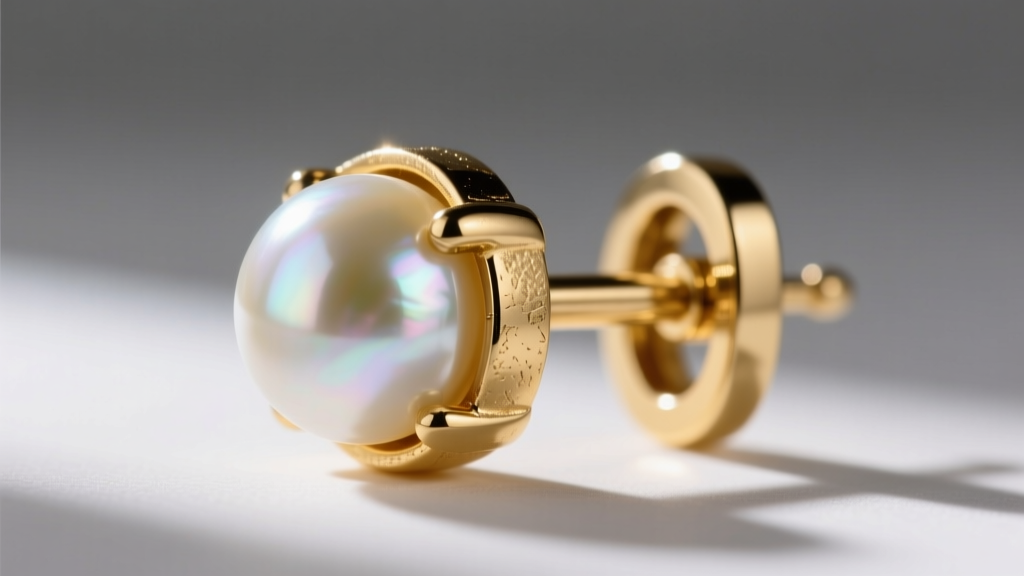 Macro shot of a thick gold earring post with a locking back, designed to securely support heavy large pearl stud earrings.