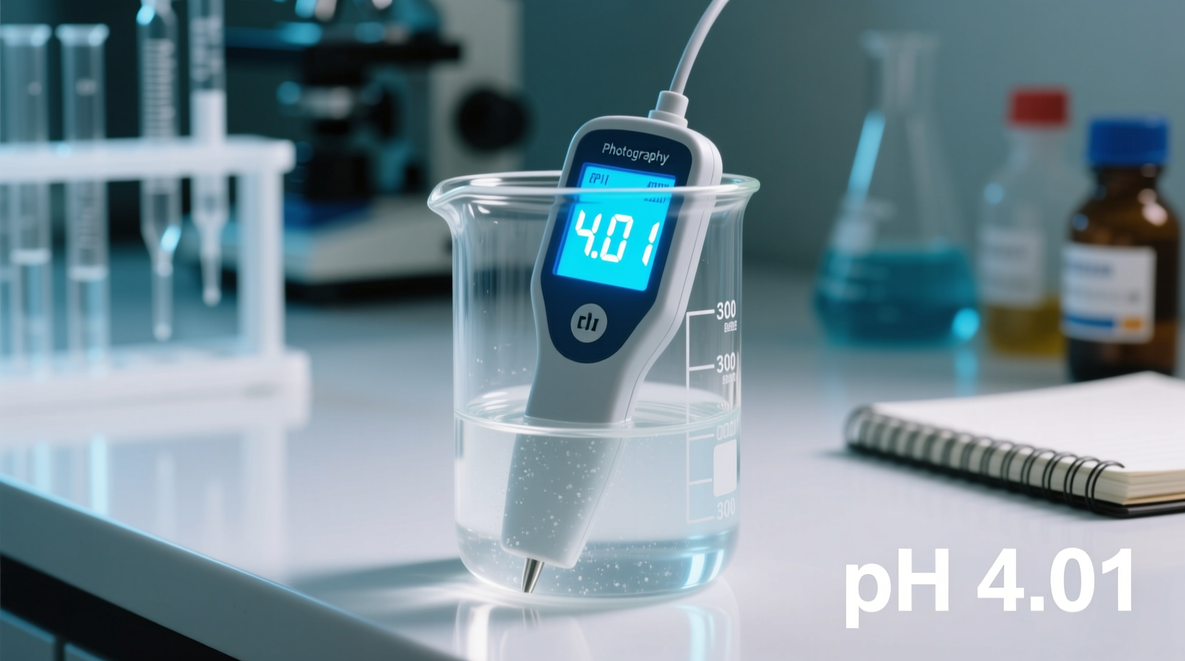 pH meter displaying 4.01 reading in solution