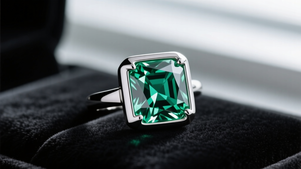 Close-up macro photography of a 2.0 carat emerald-cut diamond set in a 950 platinum bezel setting, resting on dark velvet
