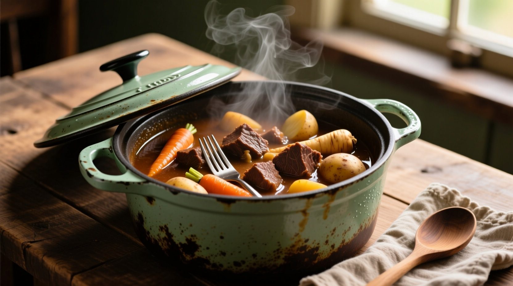 Perfectly cooked beef stew in crock pot with tender meat and vegetables