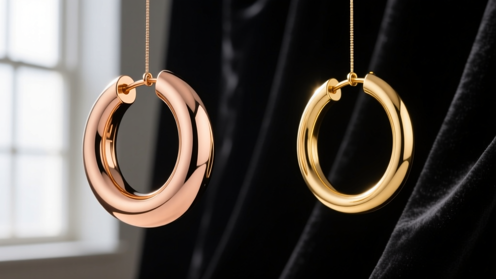Side-by-side comparison of polished 18k rose gold and gold-plated brass hoop earrings showing luster differences on dark velvet.