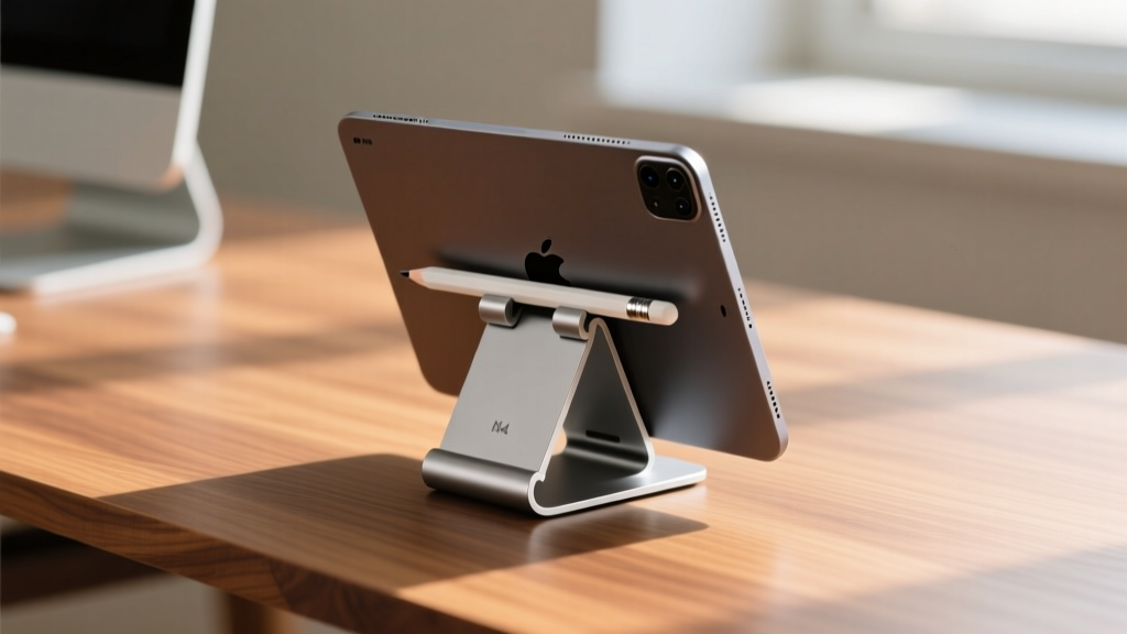 Minimalist wooden desk setup featuring an iPad Pro M4 on a folded aluminum magnetic stand with an Apple Pencil Pro attached magnetically
