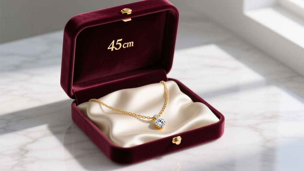 Open velvet gift box revealing an 18k gold 45 cm necklace length with a small diamond pendant, resting on soft cream silk fabric.
