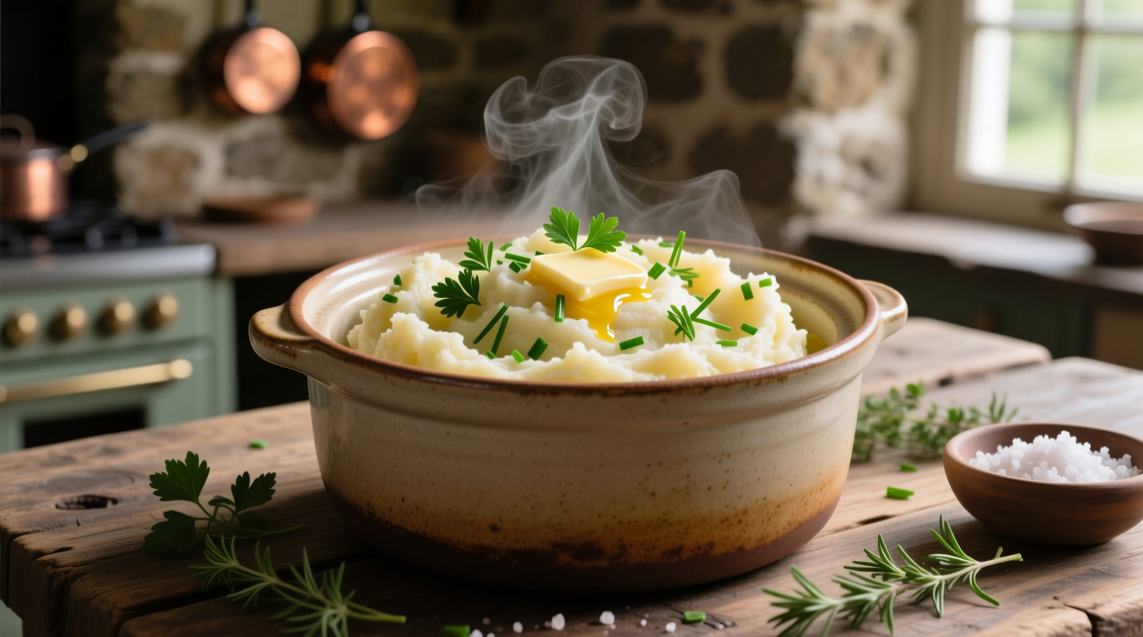 Creamy mashed potatoes in crock pot with fresh herbs