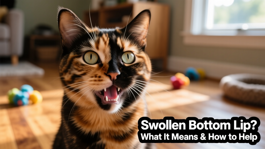 tortoiseshell cat with slightly open mouth revealing front teeth and bottom lip