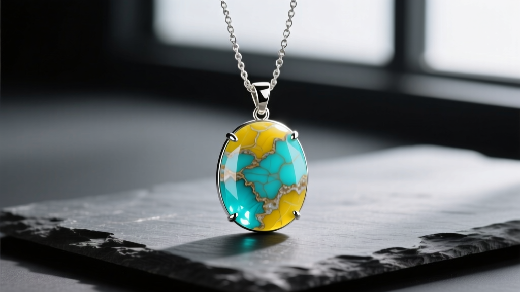 Vibrant yellow turquoise pendant on a sterling silver chain resting on dark slate, soft lighting highlighting the stone matrix