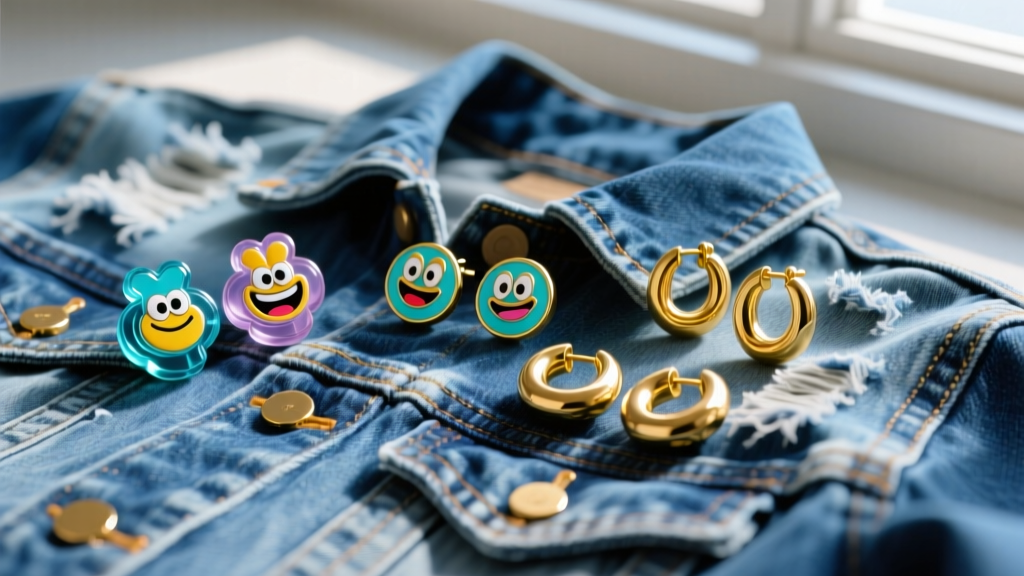 Flat lay of various ironic novelty acrylic stud earrings and classic 12mm gold hoops on a distressed denim jacket background